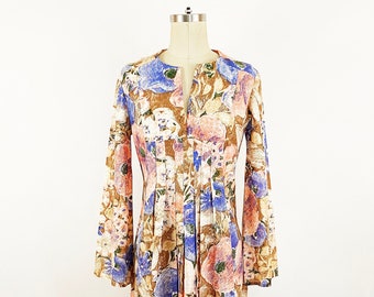 1960s Saybury Floral Lurex A-line Kaftan Maxi Dress Bell Sleeves Hippie Festival Dress Groovy Goddess Pink Blue White / Small