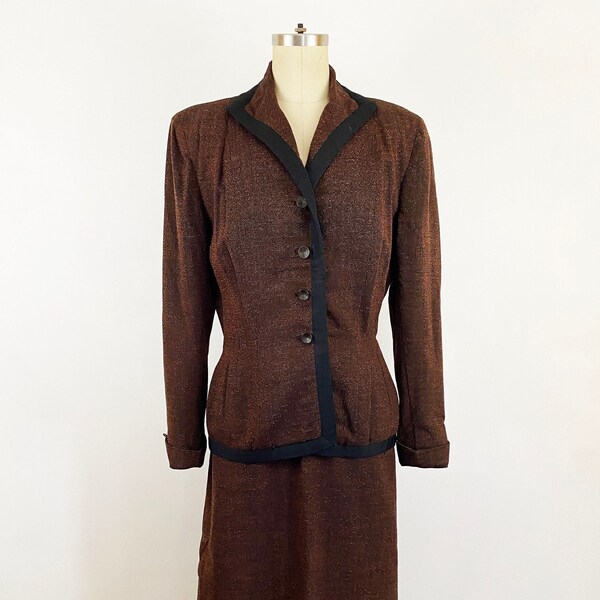 Ensemble tailleur jupe tailleur en laine marron et noir des années 40, blazer sablier rétro, jupe trapèze rockabilly pin-up minimaliste / taille moyenne 8