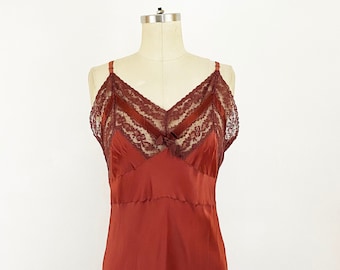 1950s Burnt Umber Satin Lace Slip Dress 50s Nightgown 50s Bias Dress 50s Pin Up Sexy Retro Lingerie / Size Large