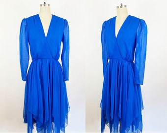1960s Luis Estevez Cobalt Blue Sheer Chiffon Cocktail Party Dress 70s Evening Dress Car Wash Skirt Fit and Flare / Size Small