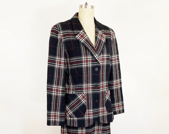 1970s Pendleton Plaid Black Red White Wool Skirt Suit A-line Skirt 70s Blazer Woodsy Twin Peaks Minimalist / Size Medium