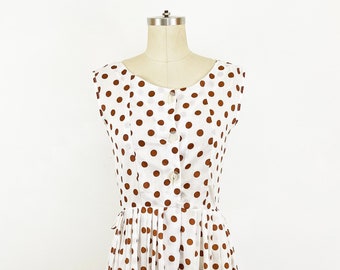 1960s White and Brown Polka Dot Fit and Flare Dress Shirt Waist Dress Retro Summer Party Dress / Size Small