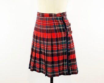 1970s Royal Stuart Red Tartan Plaid Kilt Mini Skirt Wool Wrap Pleated Skirt Rocker Punk / Size Small