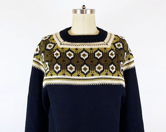 1970s Lulle Otterstad Wool Norwegian Sweater Scandinavian Vintage Norse Knit Sweater Black Cream Olive Green Nordic Ski Sweater / Medium