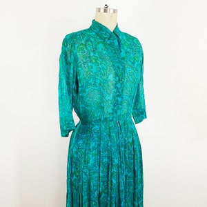 1950s Marbled Teal and Green Fit and Flare Shirtwaist Dress Unique Day Dress 50s Sheer Dress Full Skirt / Size Small