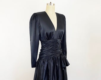 1980s Hildegarde Sausik Black Satin Gathered Fit and Flare Bubble Dress 80s Party Dress Flirty Cocktail Dress 80s Goth Dress / Size Small 6