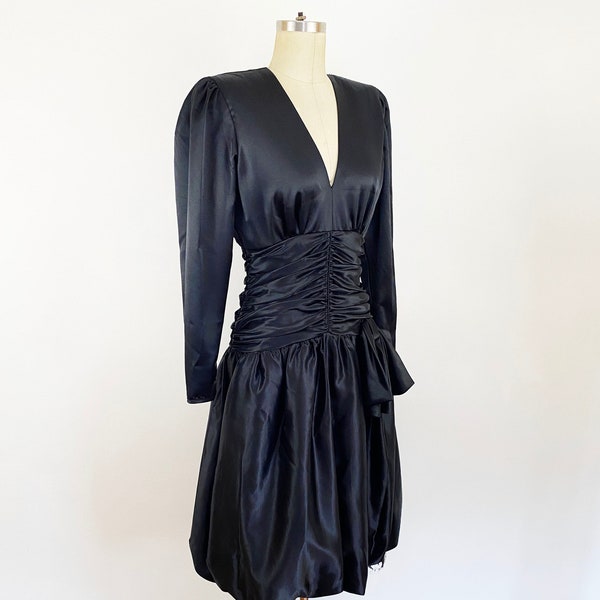 1980s Hildegarde Sausik Black Satin Gathered Fit and Flare Bubble Dress 80s Party Dress Flirty Cocktail Dress 80s Goth Dress / Size Small 6