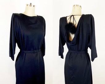 1970s Black Open Back Wiggle Dress Sexy Disco Dress Marabou Feathers Goth Vamp / Pacino / Size Large