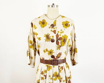 1950s Mustard Yellow and Beige Autumn Floral A-line Box Pleat Dress Retro Day Dress Rockabilly Dress Pin Up Dress / Size Medium