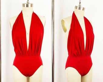 1980s Donna Karan Red Jersey Halter Bodysuit 7 Easy Pieces 80s Halter Leotard Deep V Neck Minimalist Bodysuit NYC Designer / Small