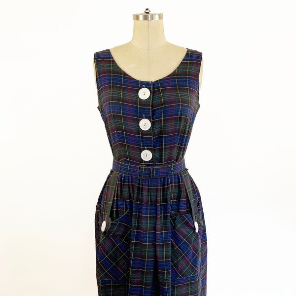 1950s Navy Plaid Cotton Shirtwaist A-line Fit and Flare Dress Retro Day Dress Pin Up Large Pockets / Medium 8