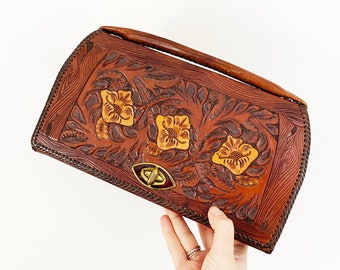 1970s Large Tooled Leather Top Handle Purse Flowers and Plumes Boho Leather Clutch Mexican Leather Bag