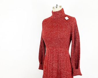 1970s Queens May Brick Red Heather White Ribbed Sweater Dress Mock Neck Minimalist Sweater Dress Dead Stock / Size Small