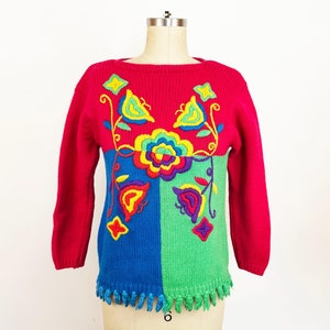 1960s Phil Rose Psychedelic Floral Wool Sweater Color Block Sweater Floral Embroidery Mod Wool Sweater Unique 60s Sweater / Size Medium