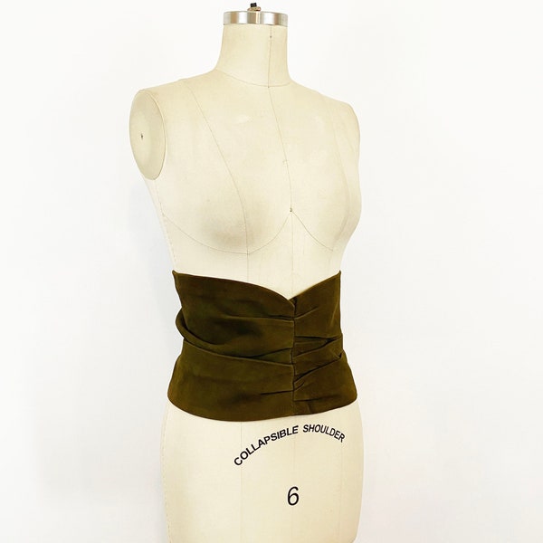 1980s In Additions by Evette Marie Gathered Suede Wide Belt Olive Green Suede Cummerbund Wide Waist Belt / 28 Inch Waist Small 6