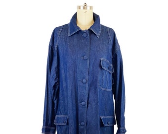 1980s Calvin Klein Dark Wash Light Weight Denim Three Pocket Chore Coat 80s Workwear Minimalist Jacket / Size Extra Large