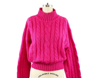 1980s Stratosphere Bright Pink Mohair Cable Knit Pullover Sweater Vintage Jumper / Size Medium