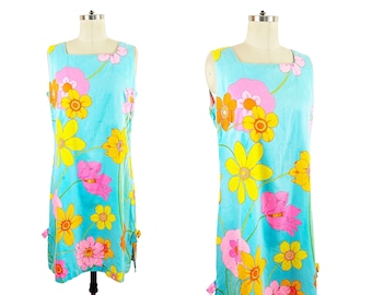 1960s Mod Floral Shift Dress Rainbow Flower Power Go Go 60s Funky Vintage Sundress / Charlotta / Size Medium