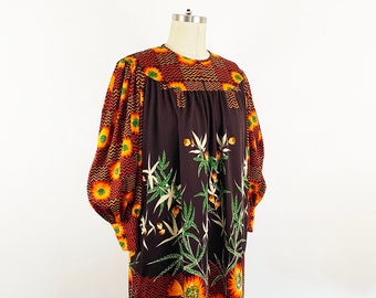 1960s Sara Fredericks Daisy Floral Smock Dress Bishop Sleeve Flower Power Poly Jersey Psychedelic Shift Dress Brown Orange / Size Large