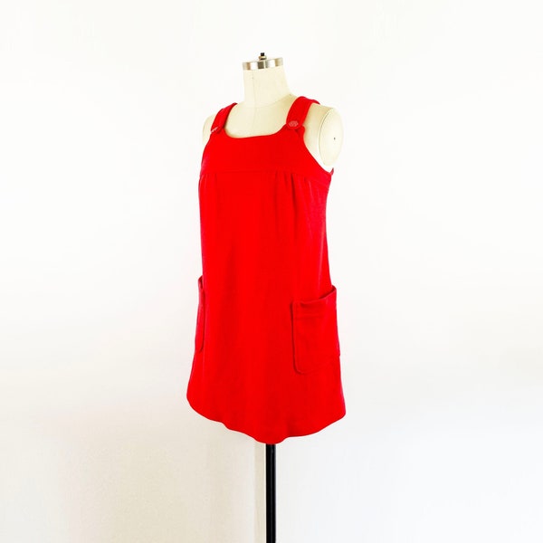 1970s Bright Red Knit Jumper Mini Dress Frock Shift Pockets Mod Cute Short Dress Sundress Summer Boho Hippie / Lady Madonna / Size Small 4/6