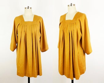 1970s Smocked Pleated Mini Dress Goldenrod Mustard Cotton Tunic 70s Boho Hippie Autumn Minimalist Kaftan / Ellen Lockwood / Medium