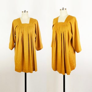 1970s Smocked Pleated Mini Dress Goldenrod Mustard Cotton Tunic 70s Boho Hippie Autumn Minimalist Kaftan / Ellen Lockwood / Medium