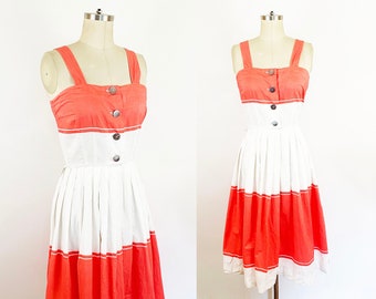 1950s Salmon Red and White Wide Stripe Cotton Fit and Flare Sundress Retro Day Dress Pin Up Rockabilly / Serbin / Extra Small