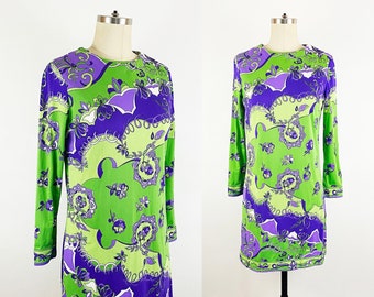 1960-1970s Floral Purple Lime Green Jersey Shift Long Sleeved Dress Groovy Mod Cocktail Party Italian Pucci Style / Emilio Borghese / Small