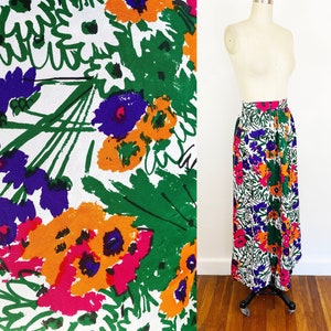 1960-1970's Vera Neumann Bright Floral Gathered Maxi Skirt 60s 70s Rayon Mod Boho Flowy Long Skirt Wearable Art Vintage / Waist 30" Medium