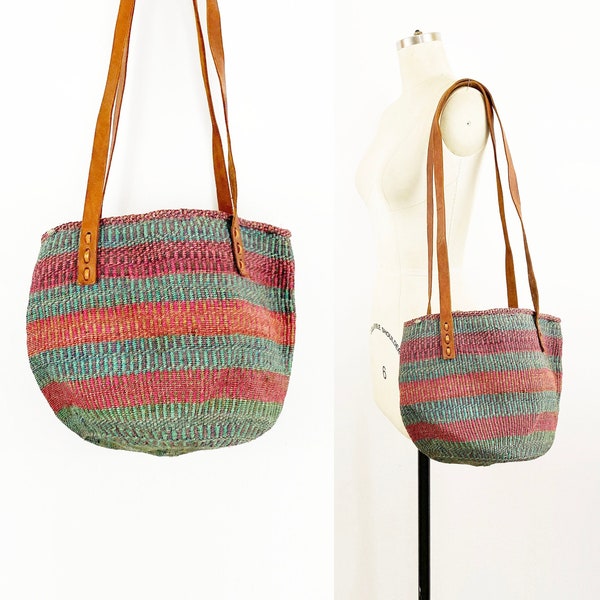 Vintage Teal and Fuchsia Striped Woven Sisal Bag Boho Basket Tote Hippie Market Bag Kenya Bag
