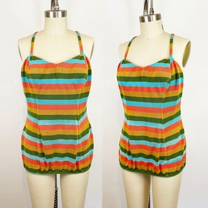 1950s Catalina Rainbow Striped Cotton Knit Playsuit Retro Swimsuit Bathing Suit Pin Up Romper Rockabilly / Large