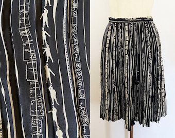1980s Timney Fowler London Black and White Novelty Print Pleated Silk Skirt Minimalist British Designer / Size Small Medium