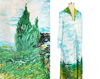 1970s Van Gogh Style Landscape Kaftan Polyester 70s Wearable Art Impressionist Dress 70s Kaftan 70s Lounge Dress / Kayser / Small / Medium