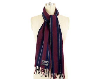 1970s Christian Dior Monsieur Lambswool Navy Maroon Stripe Fringe Scarf Winter Preppy