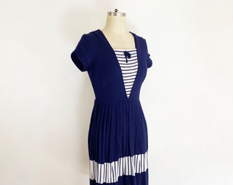 1950s Navy and White Striped Day Dress Pin Up Rockabilly Sailor Dress Nautical Dress / Size Small