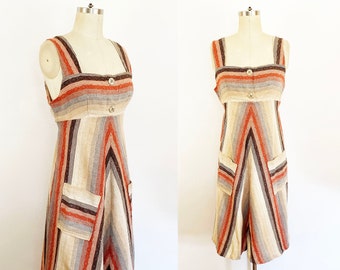 1970s Autumn Chevron Striped A-line Sundress Wool Blend Vintage 70s Hippie Boho Cute Jumper / Small