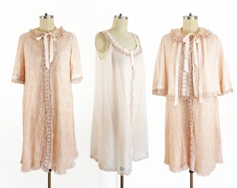 1950s Odette Barsa Lingerie Pink and Tan Overlay Nylon Chiffon and Lace Three Piece Peignoir Set Naughty Nighty / Medium