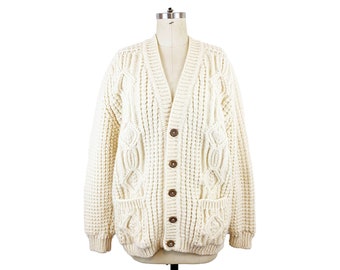 Cardigan en laine d'Aran tissé à la main Gaeltarra des années 1980 en tricot torsadé crème Cardigan en laine irlandaise pull surdimensionné / Taille XL