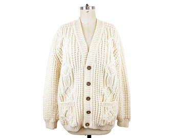 1980s Gaeltarra Handloomed Aran Wool Cardigan Cream Cable Knit Irish Fisherman Oversized Sweater Irish Wool Cardigan / Size XL