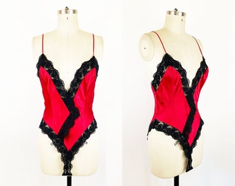 1990s Victoria Secret Gold Label Red Silk Black Lace 90s Teddy Sexy Bodysuit Romantic Lingerie High Cut Romper Vamp / Small