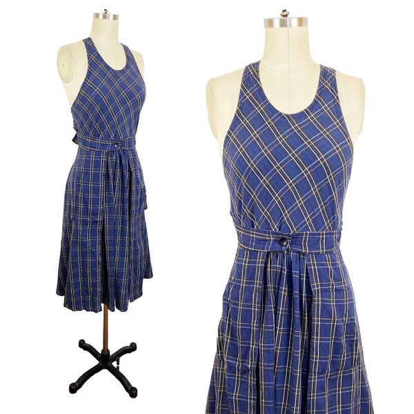 1970s Navy Blue Plaid Cotton India Imports A-line Wrap Dress / Vintage Boho Hippie Sundress 70s / Sangam Imports / Small