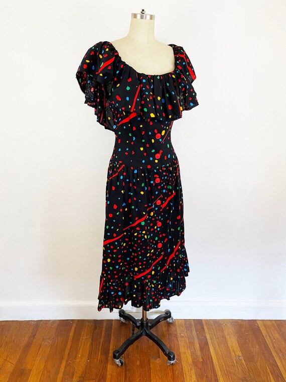 1980s Bill Blass Midi Dress Red Black Polka Dot Striped Cotton  