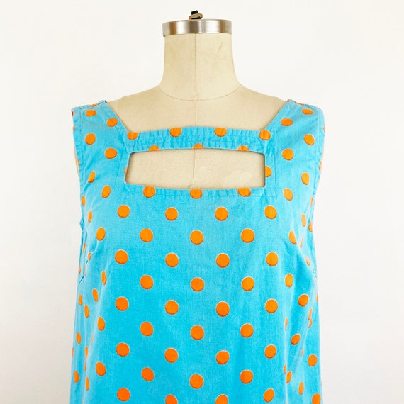 1960s Orange and Blue Polka Dot Mini Dress Mod A-… - image 3