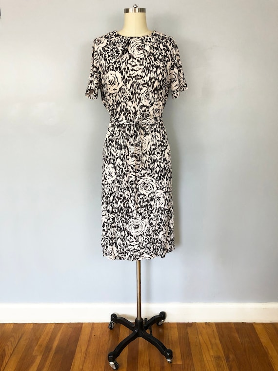 1960s Rose Print Shift Dress Black White Nylon Bow