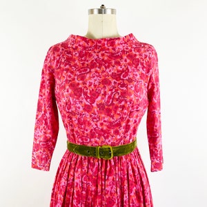 1950s Fuchsia Pink Abstract Paisley Cotton Fit and Flare Day Dress Retro Party Rockabilly Pin Up Cute Bright / Size Medium 8 image 6
