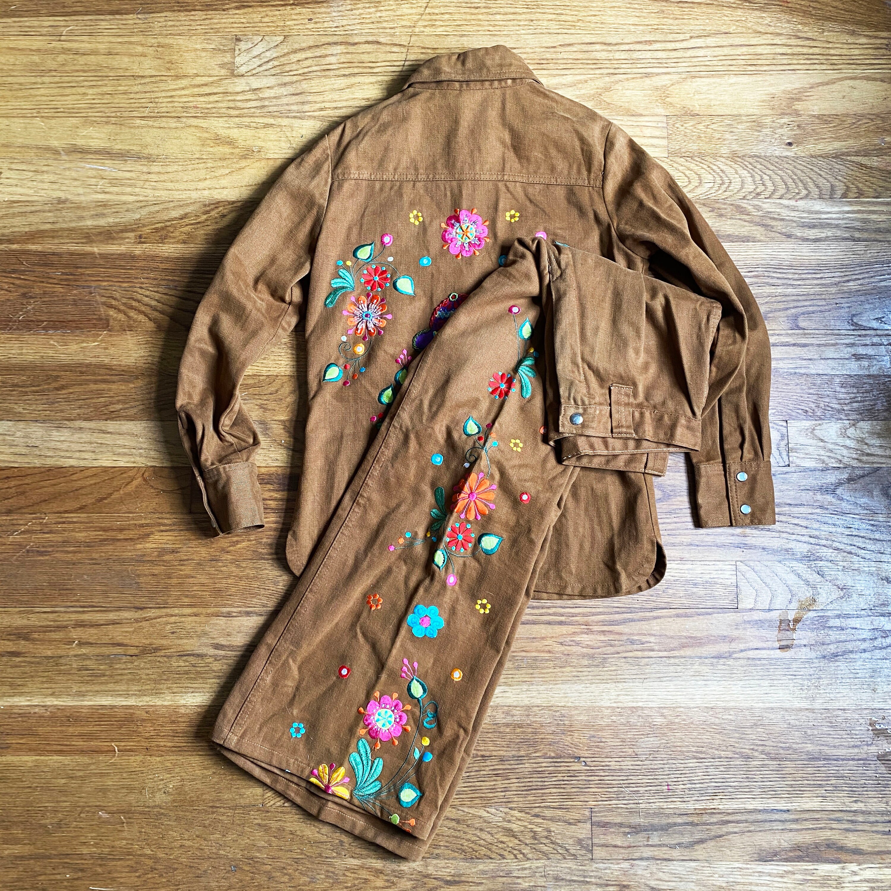 1970's Flower Power Embroidered Brown Cotton Jacket and High Waisted B –  Birds and Skylines Vintage