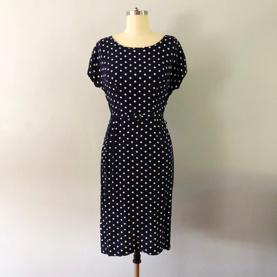 1940s White Polka Dot Shift Navy Rayon Day Dress