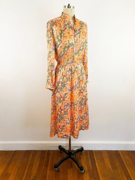 1980s John Hagarty Peach Floral Silk Striped Shee… - image 1