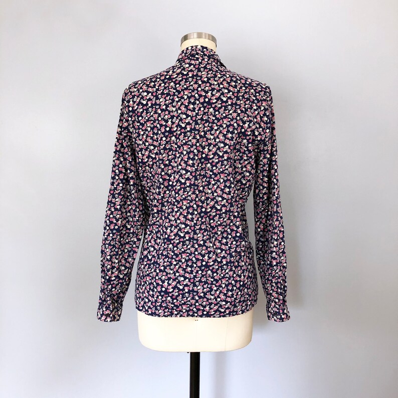 1960/'s Purple Pink Navy Blue Floral Cotton Long Sleeve Blouse Margaret Smith Vintage Retro Pin Up Rockabilly Oxford Button Up Medium