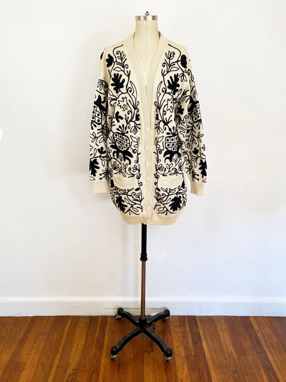 1990s French Connection Cream Wool Black Floral Po